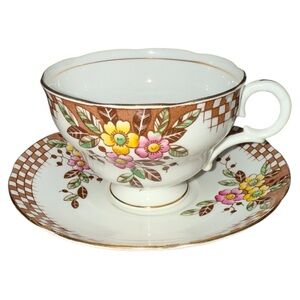Vintage Adderley Bone China Cup Saucer Floral‎ Checked Scalloped Edge England